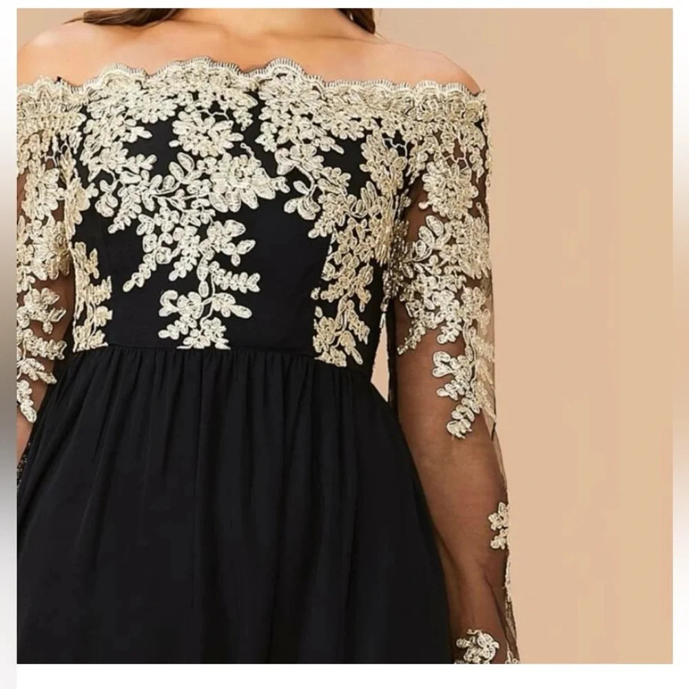 Sheln Black And Gold Off The Shoulder long dress size L. Never worn - Picture 3 of 6